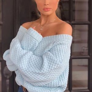 Blue Off the Shoulders Cropped Sweater